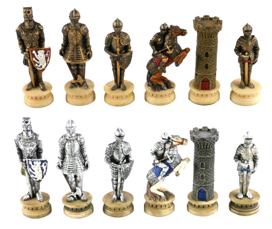 Chess Pieces: Gold & Silver Resin Medieval Knights in Armor - 3.25" King