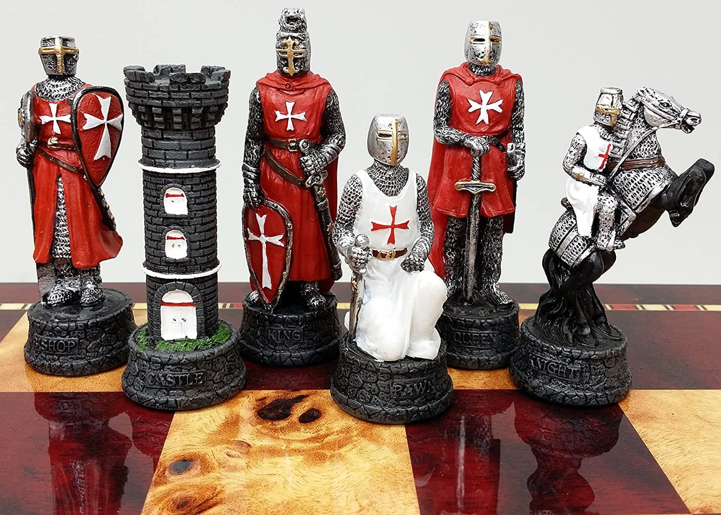 Chess Pieces: Red & White Resin Medieval Knights in Armor - 3.25" King